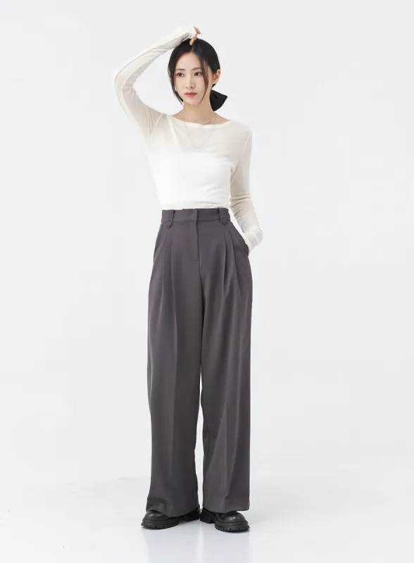 Button Loop Pintuck Wide Tailored Pants OG16 sold by Lewkin