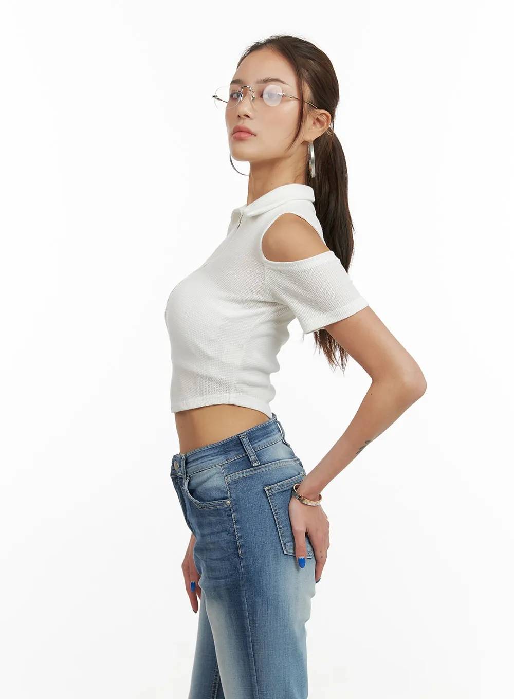 Shoulder Cut Out Collar Crop Top CY431 sold by Lewkin product image thumbnail 4