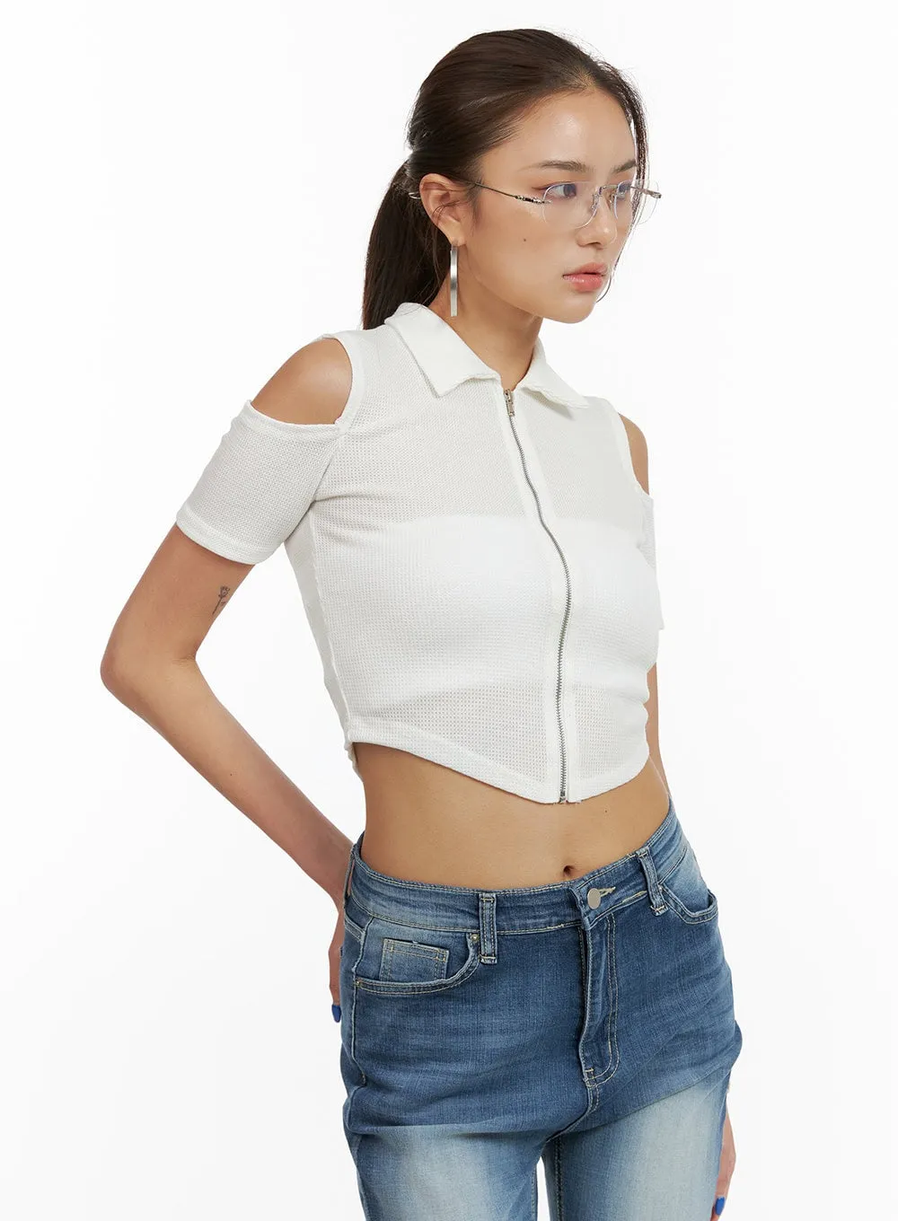 Shoulder Cut Out Collar Crop Top CY431 sold by Lewkin