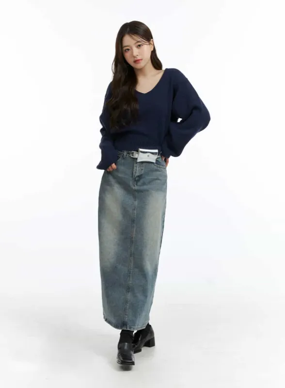 Mid Waist Solid Button Washed Denim Maxi Skirt OJ411 sold by Lewkin