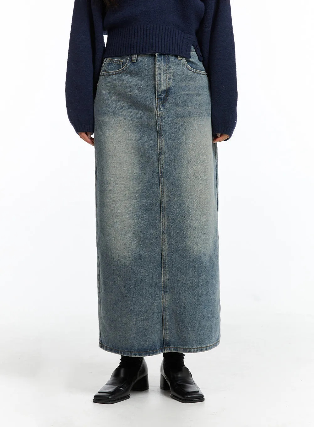 Mid Waist Solid Button Washed Denim Maxi Skirt OJ411 sold by Lewkin product image thumbnail 2