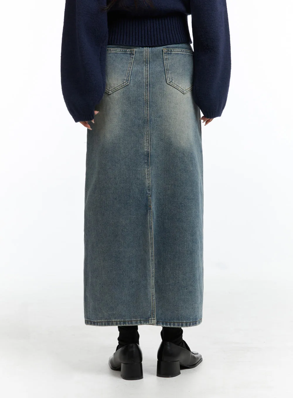Mid Waist Solid Button Washed Denim Maxi Skirt OJ411 sold by Lewkin product image thumbnail 3