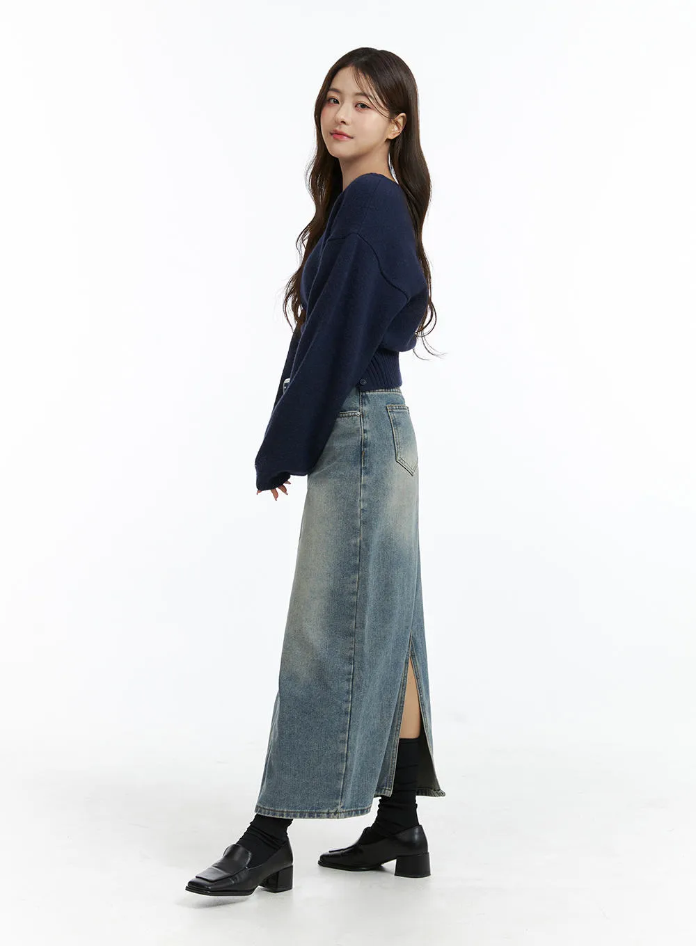 Mid Waist Solid Button Washed Denim Maxi Skirt OJ411 sold by Lewkin product image thumbnail 5