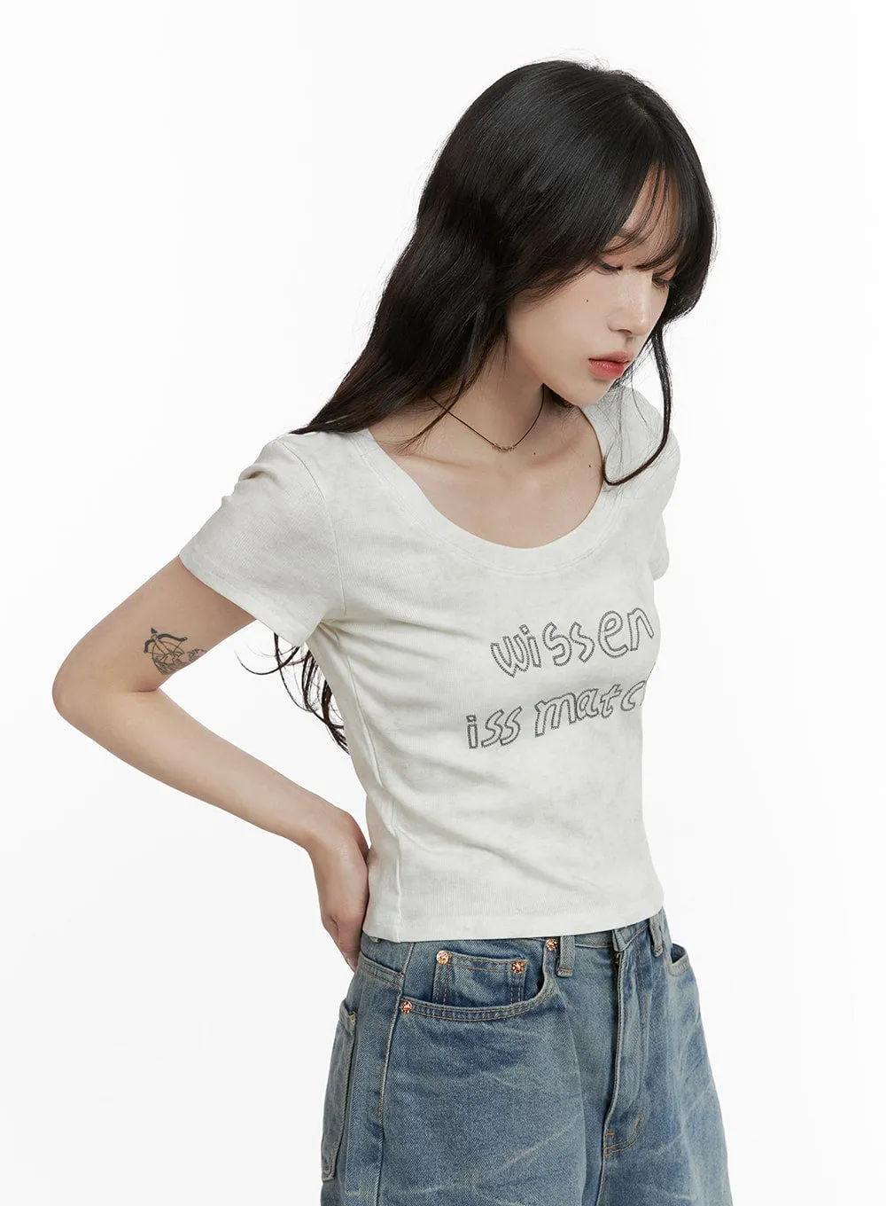 Graphic Lettering U Neck Crop Top CA408 sold by Lewkin product image thumbnail 4