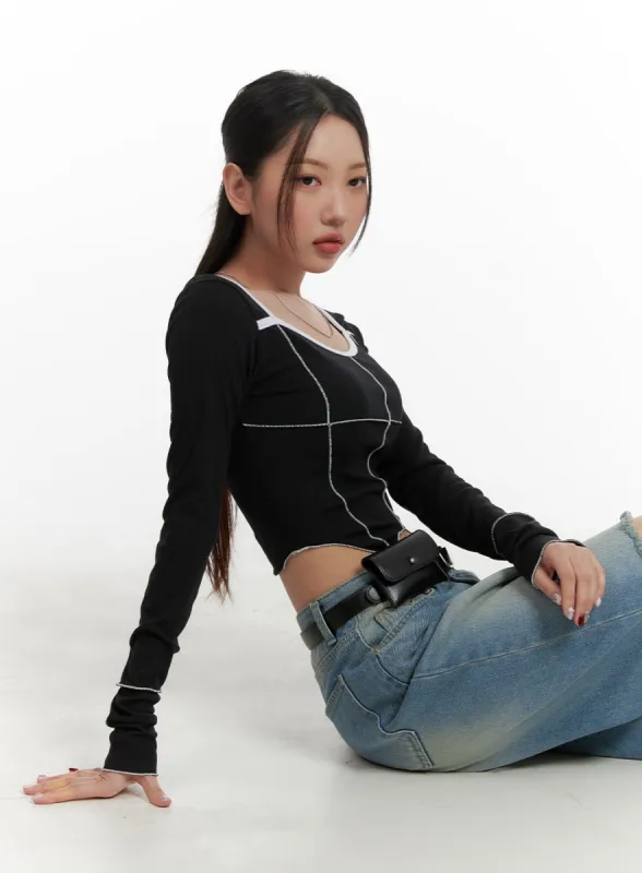 U Neck Stitched Detail Cropped Long Sleeve CA416 sold by Lewkin