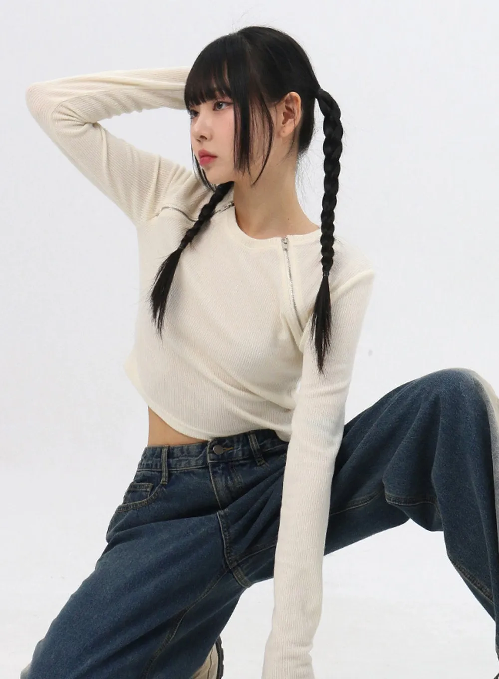 Double Zip Sleeve Crop Top IN310 sold by Lewkin