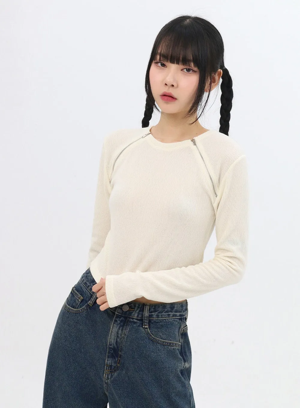 Double Zip Sleeve Crop Top IN310 sold by Lewkin product image thumbnail 3