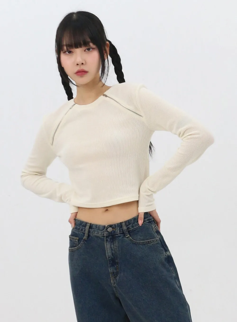 Double Zip Sleeve Crop Top IN310 sold by Lewkin product image thumbnail 4