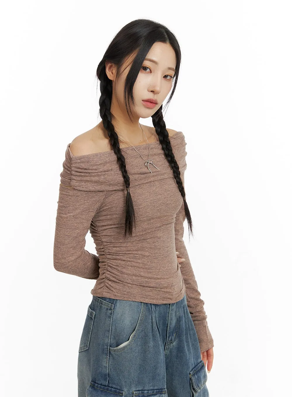 Wool-Blend Off-Shoulder Ruched Knit Top CF416 sold by Lewkin product image thumbnail 5