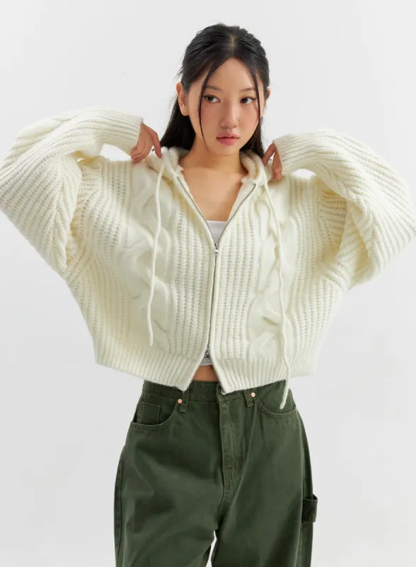 Cable Knit Hooded Zip Up Sweater CO306 sold by Lewkin
