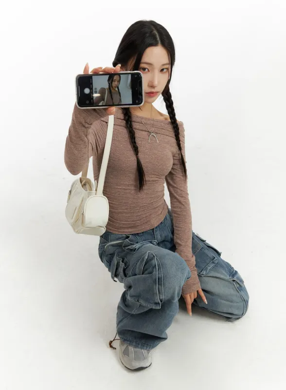 Wool-Blend Off-Shoulder Ruched Knit Top CF416 sold by Lewkin