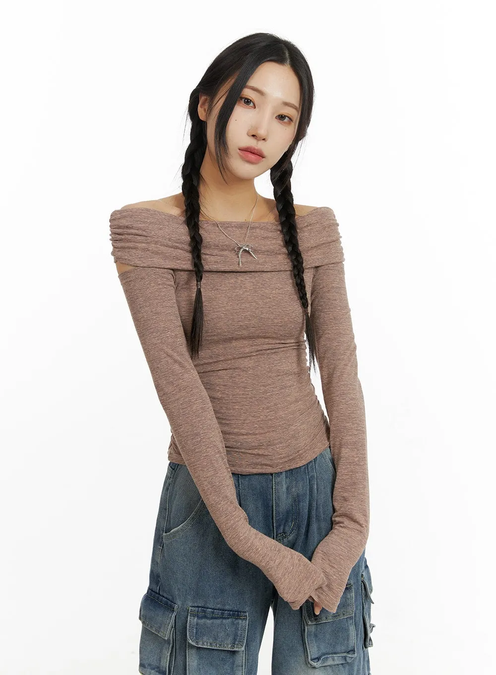 Wool-Blend Off-Shoulder Ruched Knit Top CF416 sold by Lewkin product image thumbnail 2