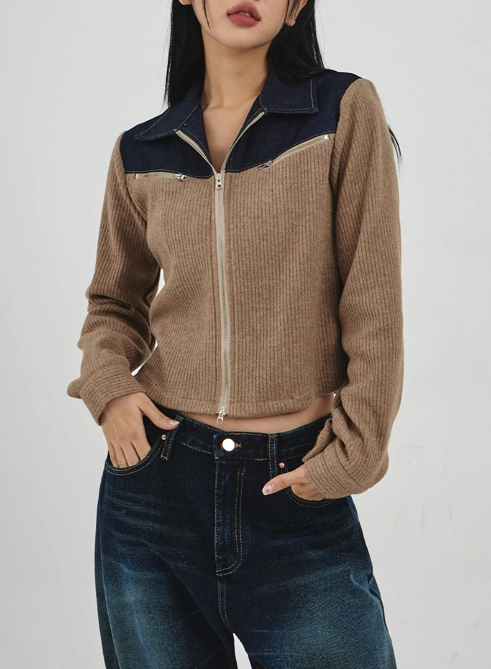 Denim Knit Zipper Jacket CN30 sold by Lewkin product image thumbnail 2