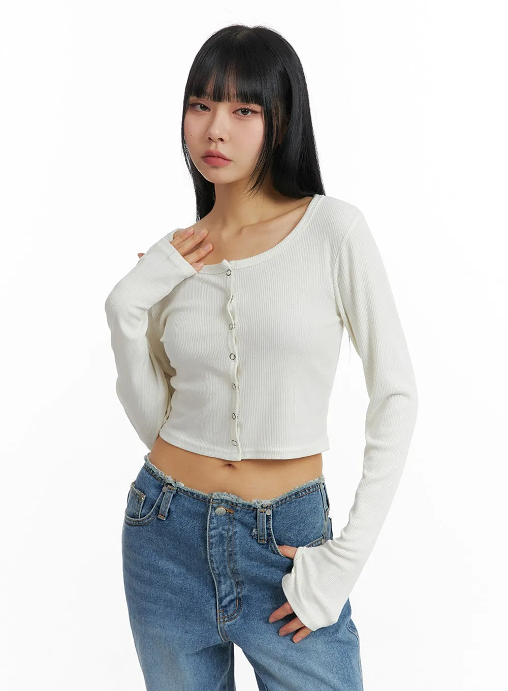 Round Neck Buttoned Long Sleeve Top IM414 sold by Lewkin