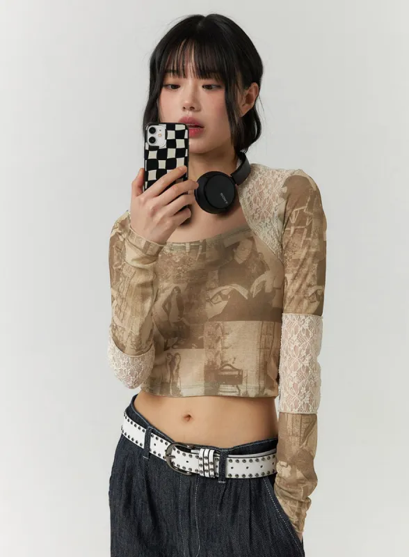 Lace Graphic Printed Crop Top CF407 sold by Lewkin