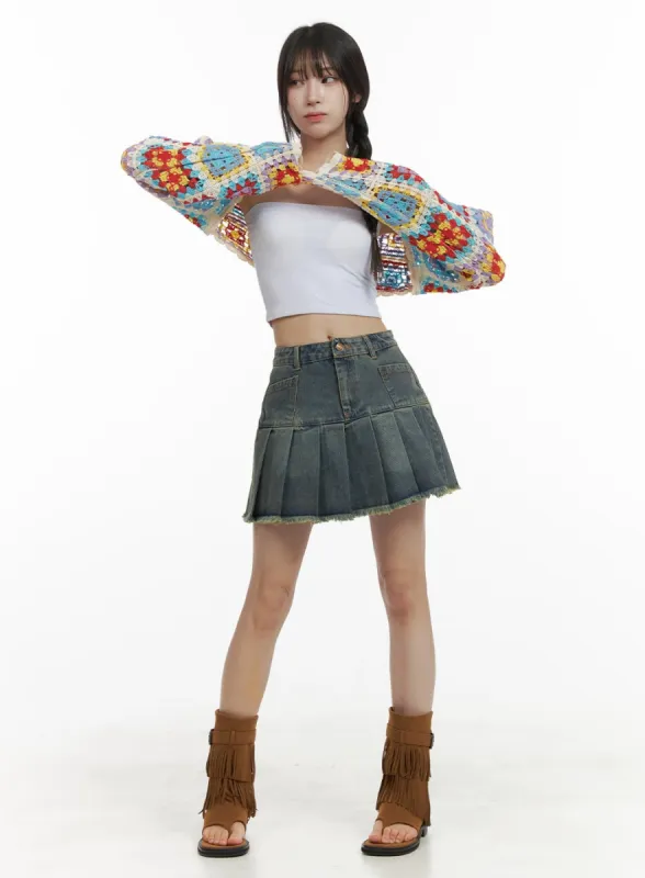 Destroyed Pleated Mini Denim Skirt OA426 sold by Lewkin