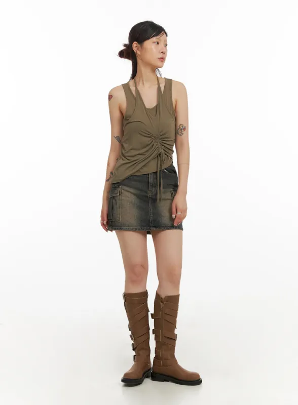 Washed Denim Cargo Mini Skirt IY410 sold by Lewkin