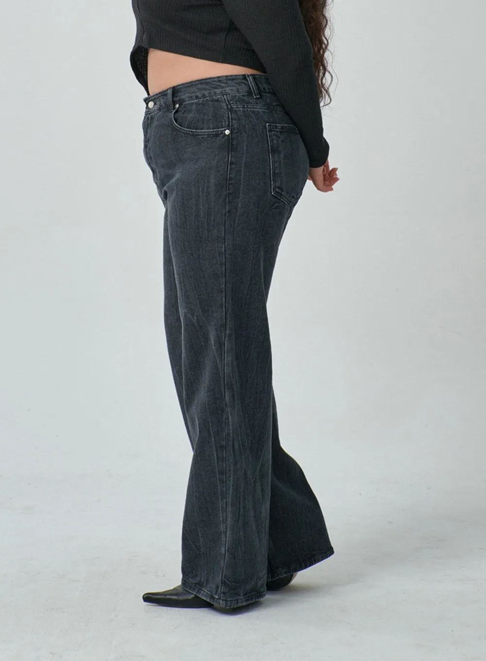 Plus Wide Leg Wash Black Jeans IF317 sold by Lewkin product image thumbnail 2