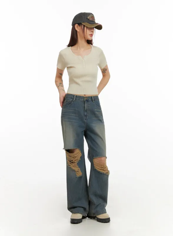 Ripped Washing Wide Leg Jeans IY410 sold by Lewkin