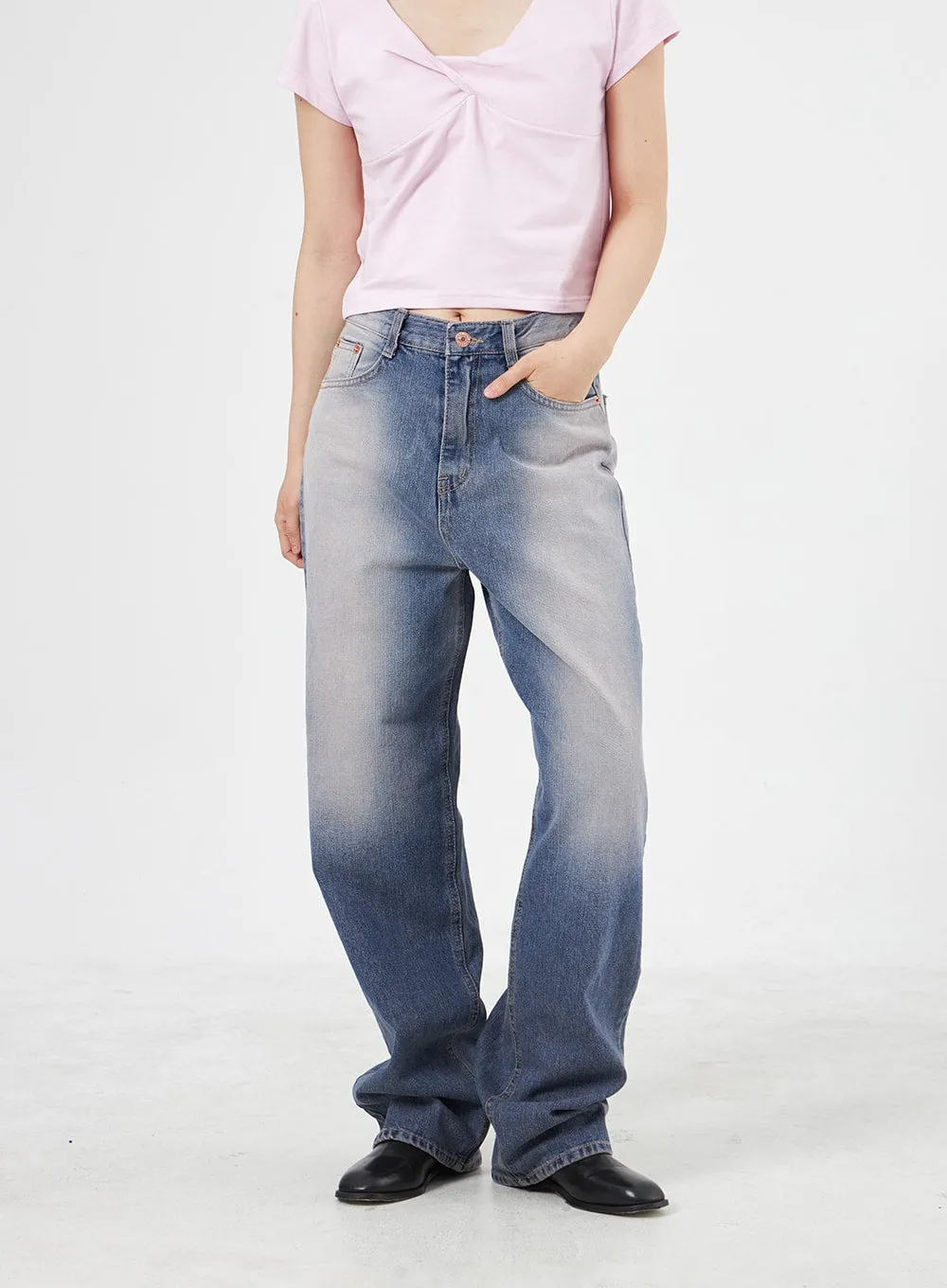 Pink Wash Wide Leg Jeans OA305 sold by Lewkin