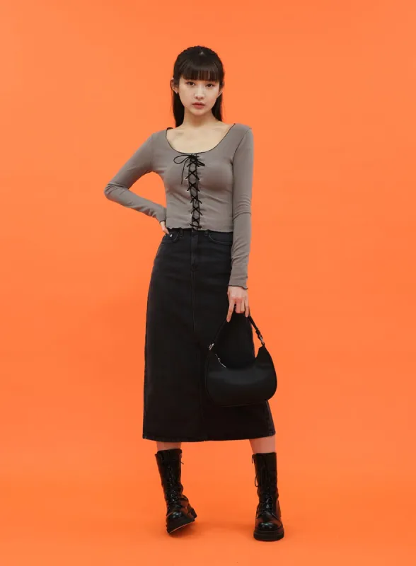 Cropped Long Sleeve Top with Front Lace Detail C1703 sold by Lewkin