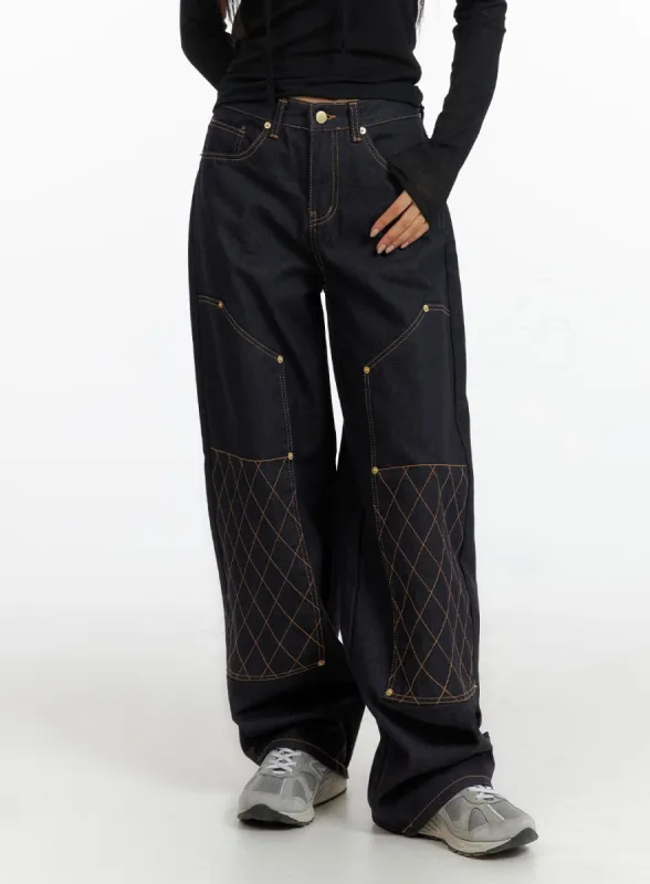 Stitched Wide Denim Jeans CF408 sold by Lewkin