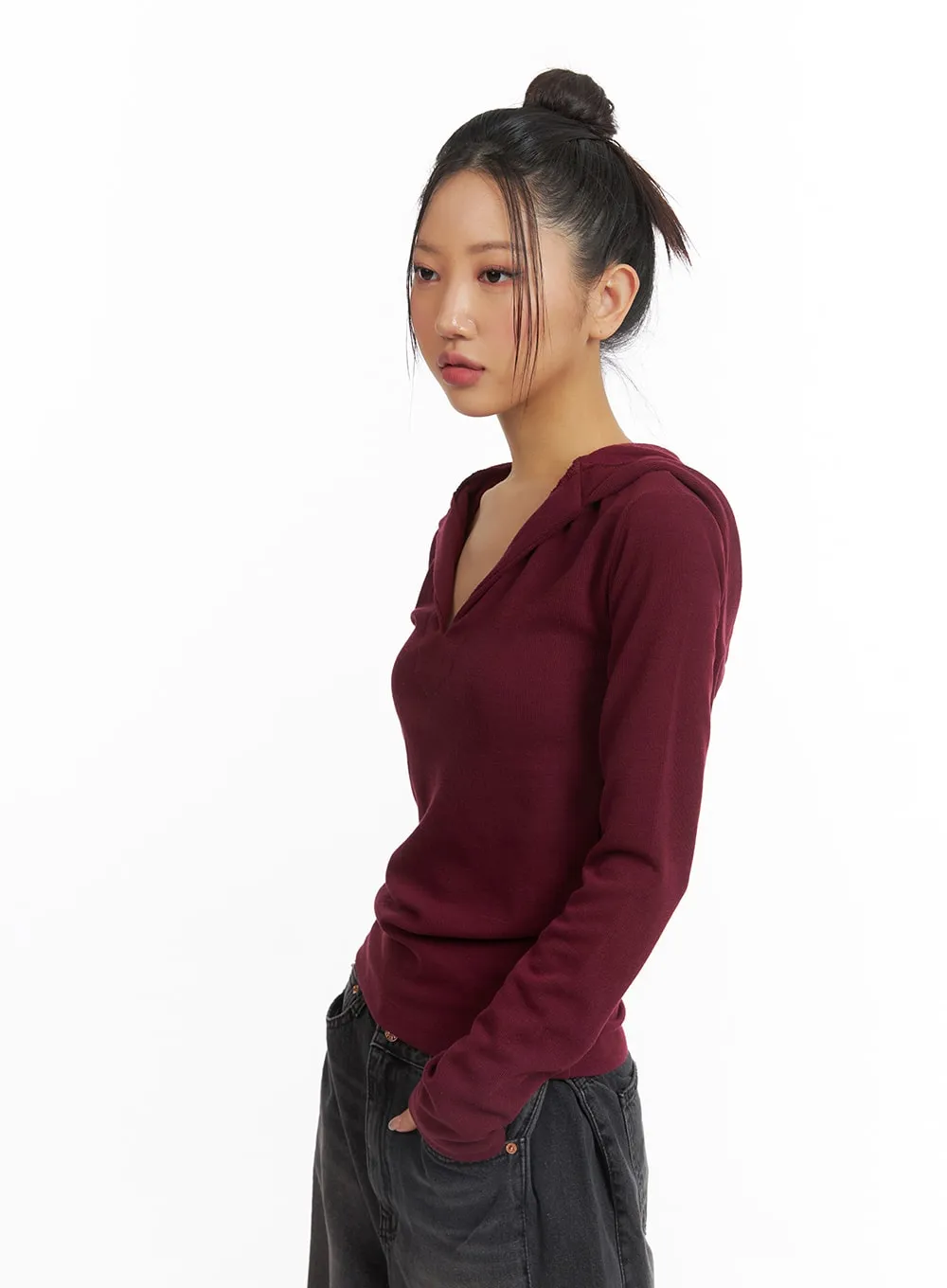 Slim Fit V-Neck Hooded Top CJ426 sold by Lewkin product image thumbnail 2