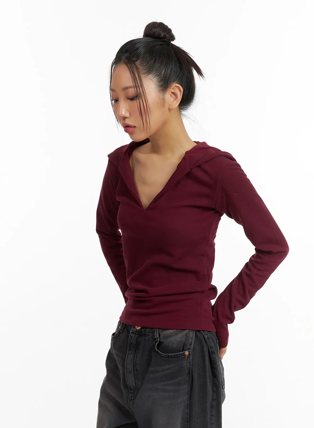 Slim Fit V-Neck Hooded Top CJ426 sold by Lewkin product image thumbnail 5