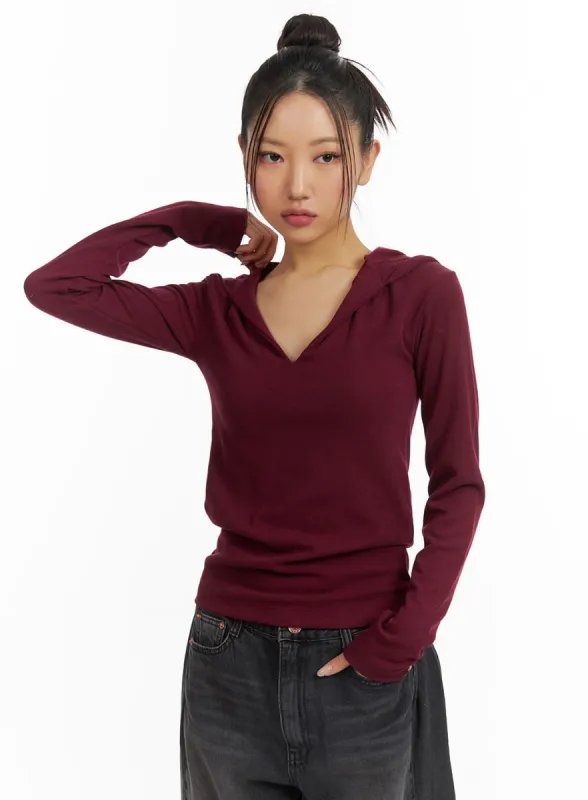 Slim Fit V-Neck Hooded Top CJ426 sold by Lewkin