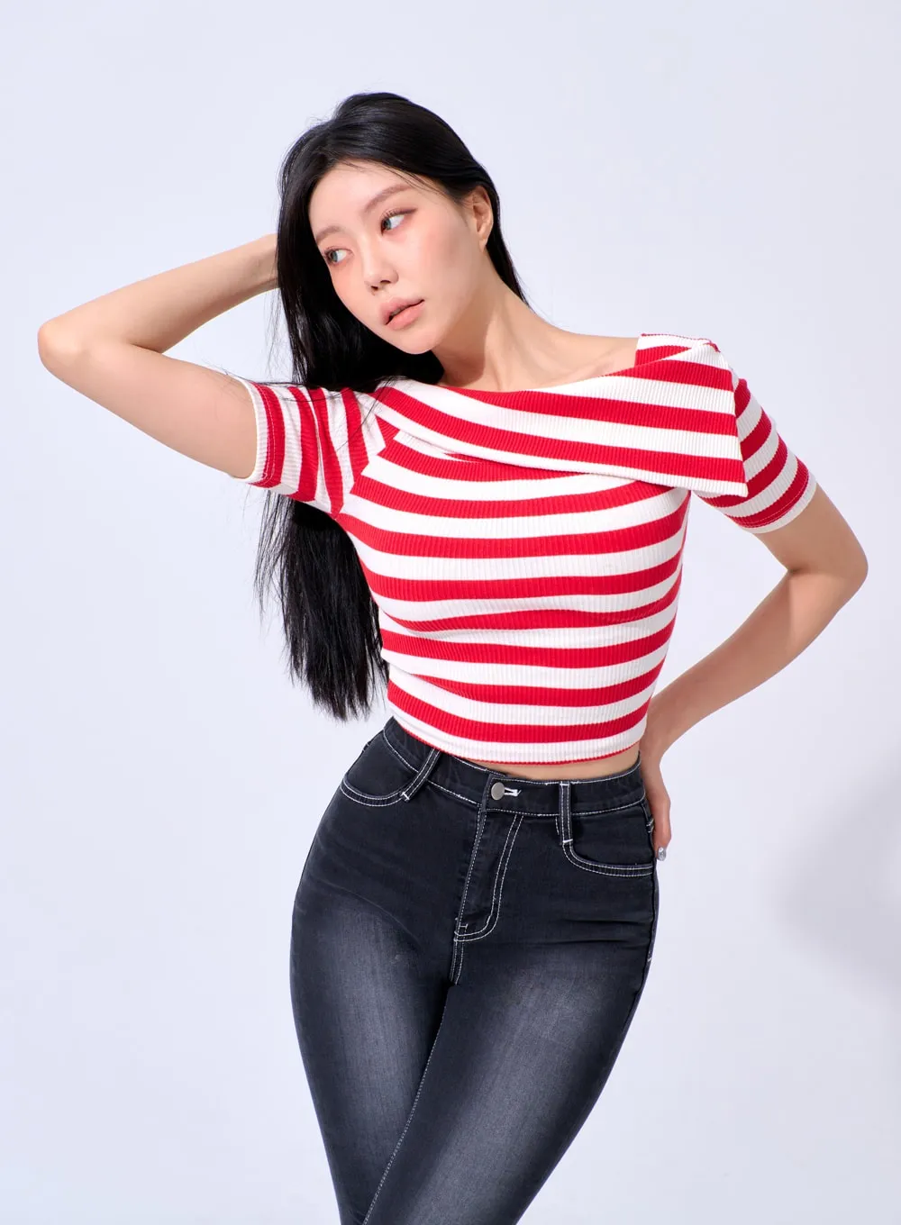 Half Sleeve Stripe Top IA324 sold by Lewkin