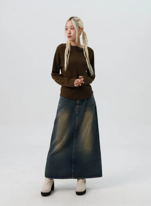 Washed Denim Maxi Flair Skirt IS307 sold by Lewkin