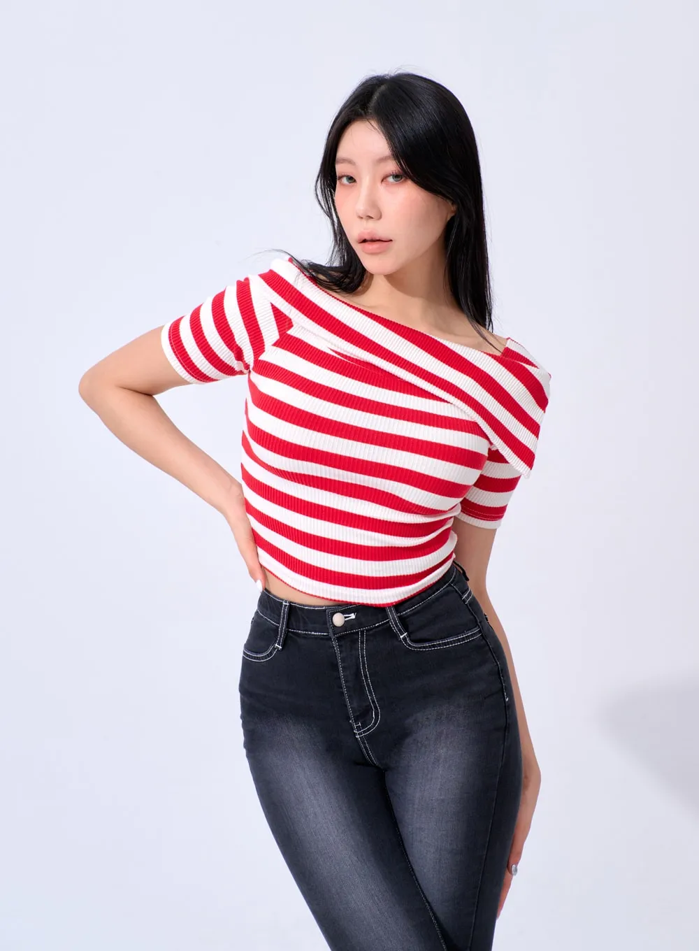 Half Sleeve Stripe Top IA324 sold by Lewkin product image thumbnail 4