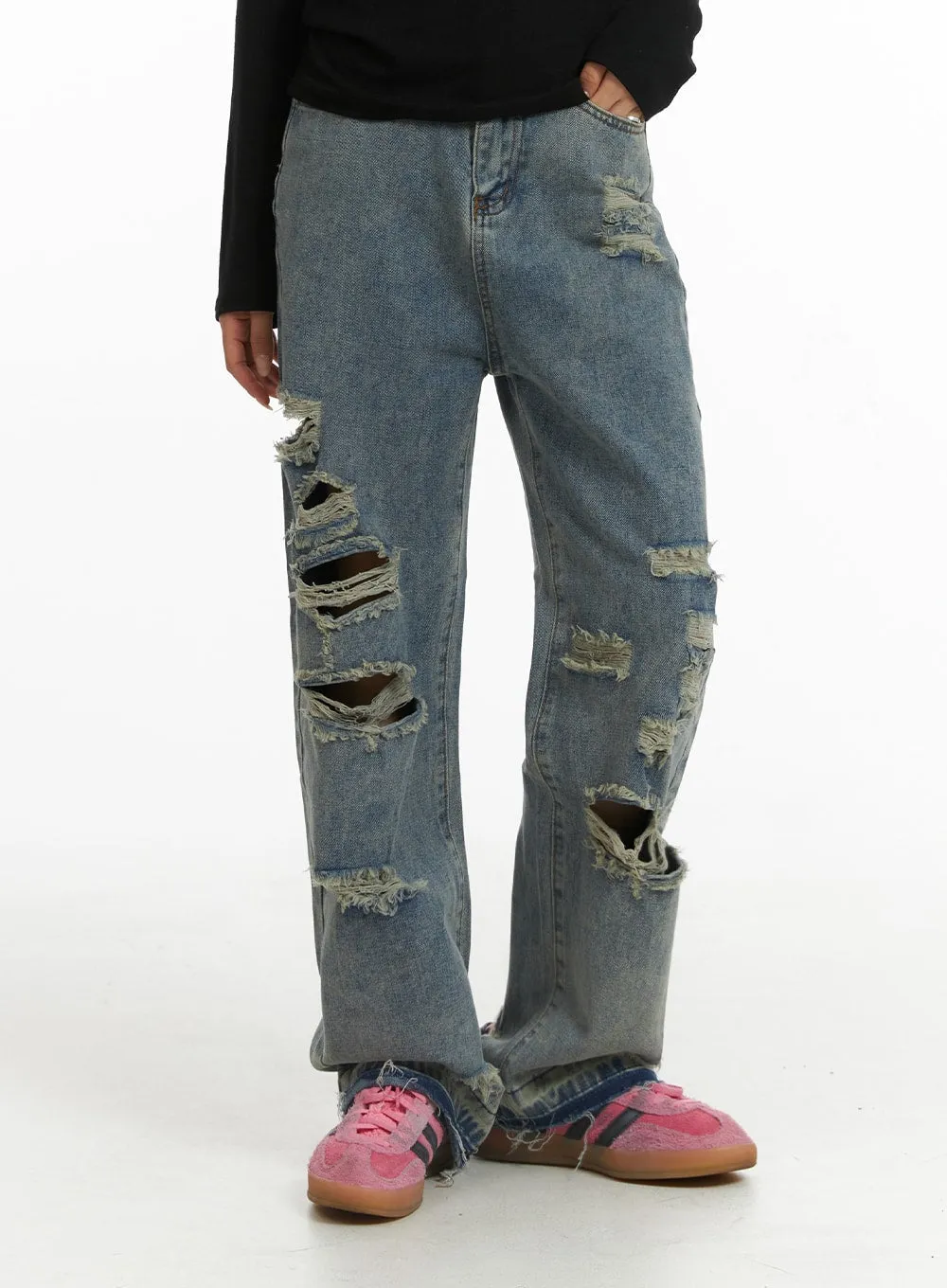 Ribbed Straight Leg Denim Jeans CJ431 sold by Lewkin