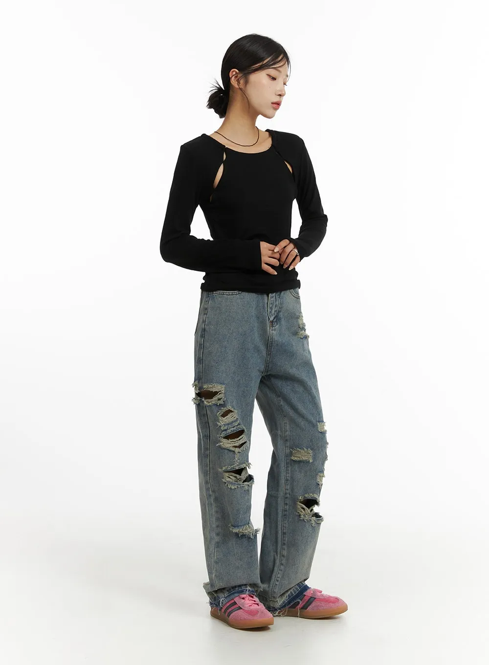 Ribbed Straight Leg Denim Jeans CJ431 sold by Lewkin product image thumbnail 4