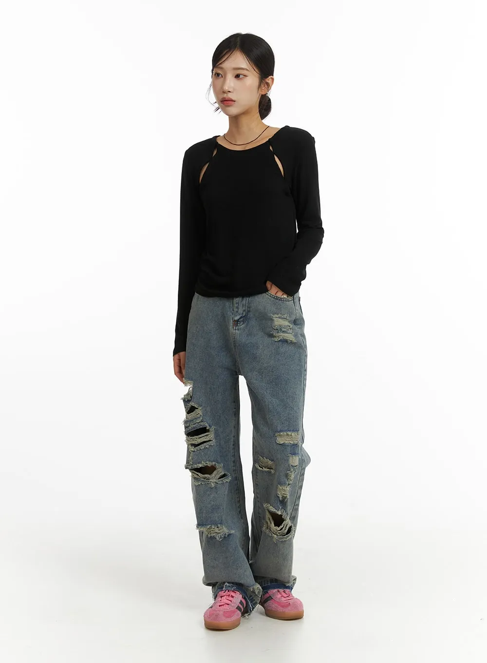 Ribbed Straight Leg Denim Jeans CJ431 sold by Lewkin product image thumbnail 3
