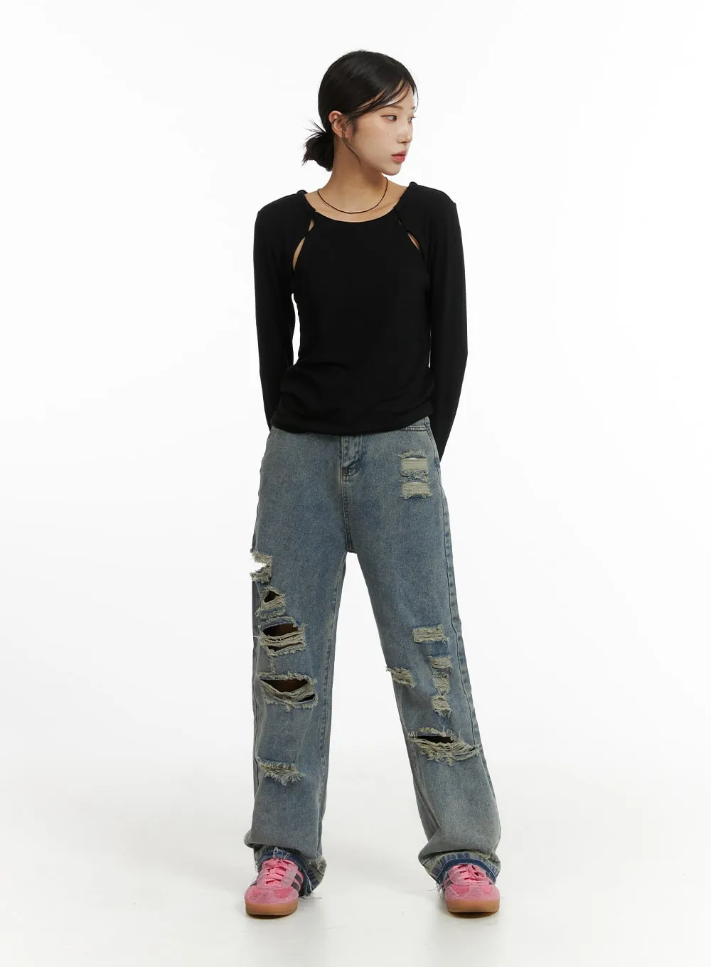 Ribbed Straight Leg Denim Jeans CJ431 sold by Lewkin product image thumbnail 2