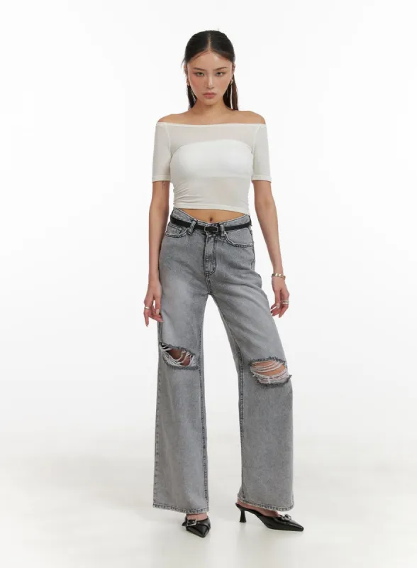Ripped Loose Fit Bootcut Jeans CY402 sold by Lewkin