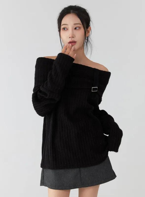 Off-Shoulder Buckle Knit Sweater CD322 sold by Lewkin