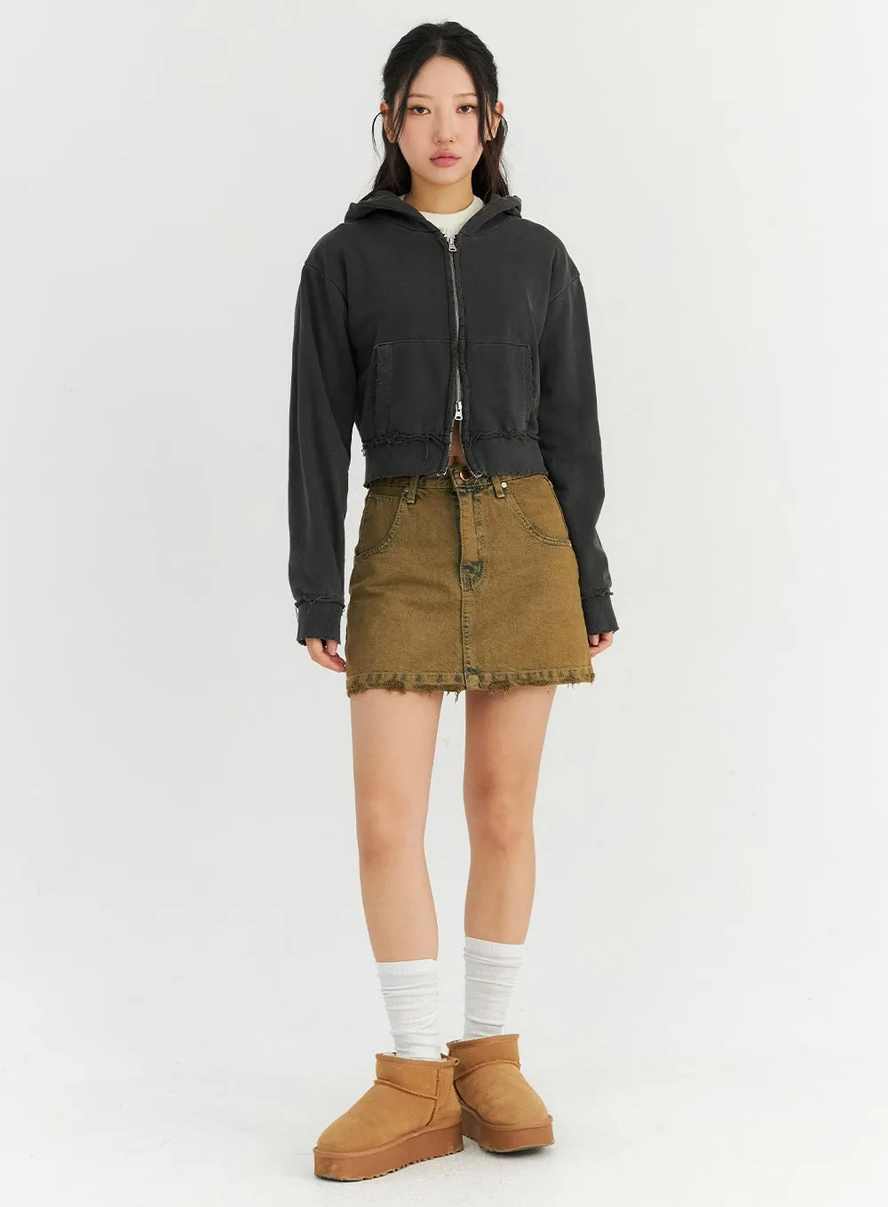 Washed Destroyed Denim Mini Skirt CN303 sold by Lewkin