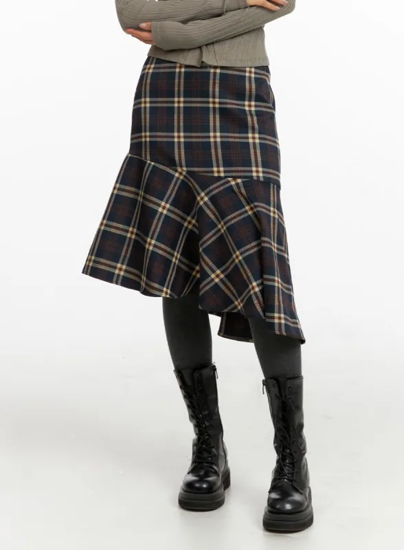 Asymmetrical Flare Check Midi Skirt CF408 sold by Lewkin