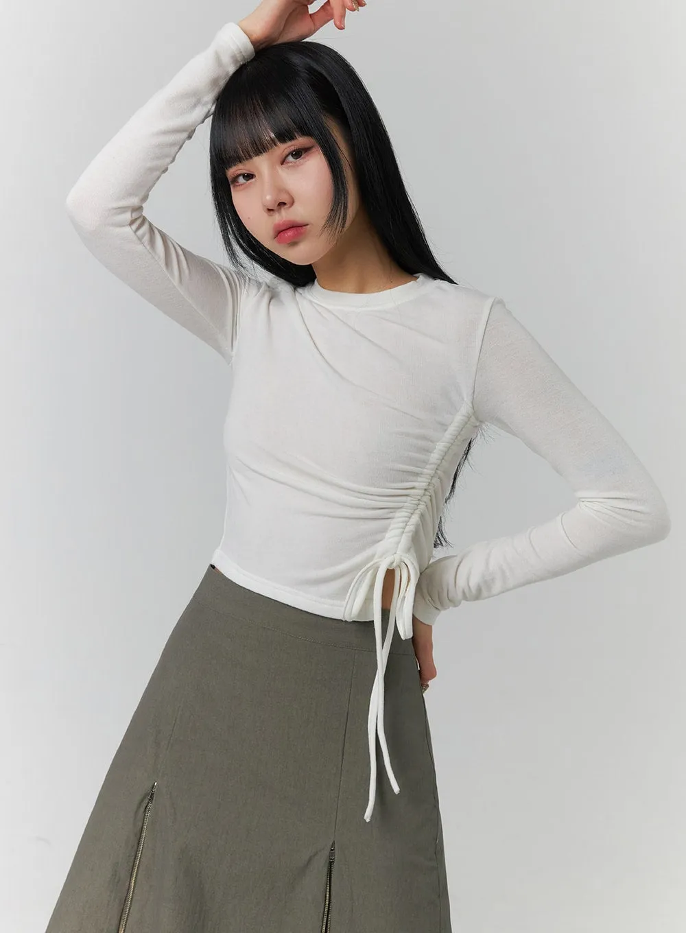 Drawstring Long Sleeve Round Neck Tee CJ419 sold by Lewkin