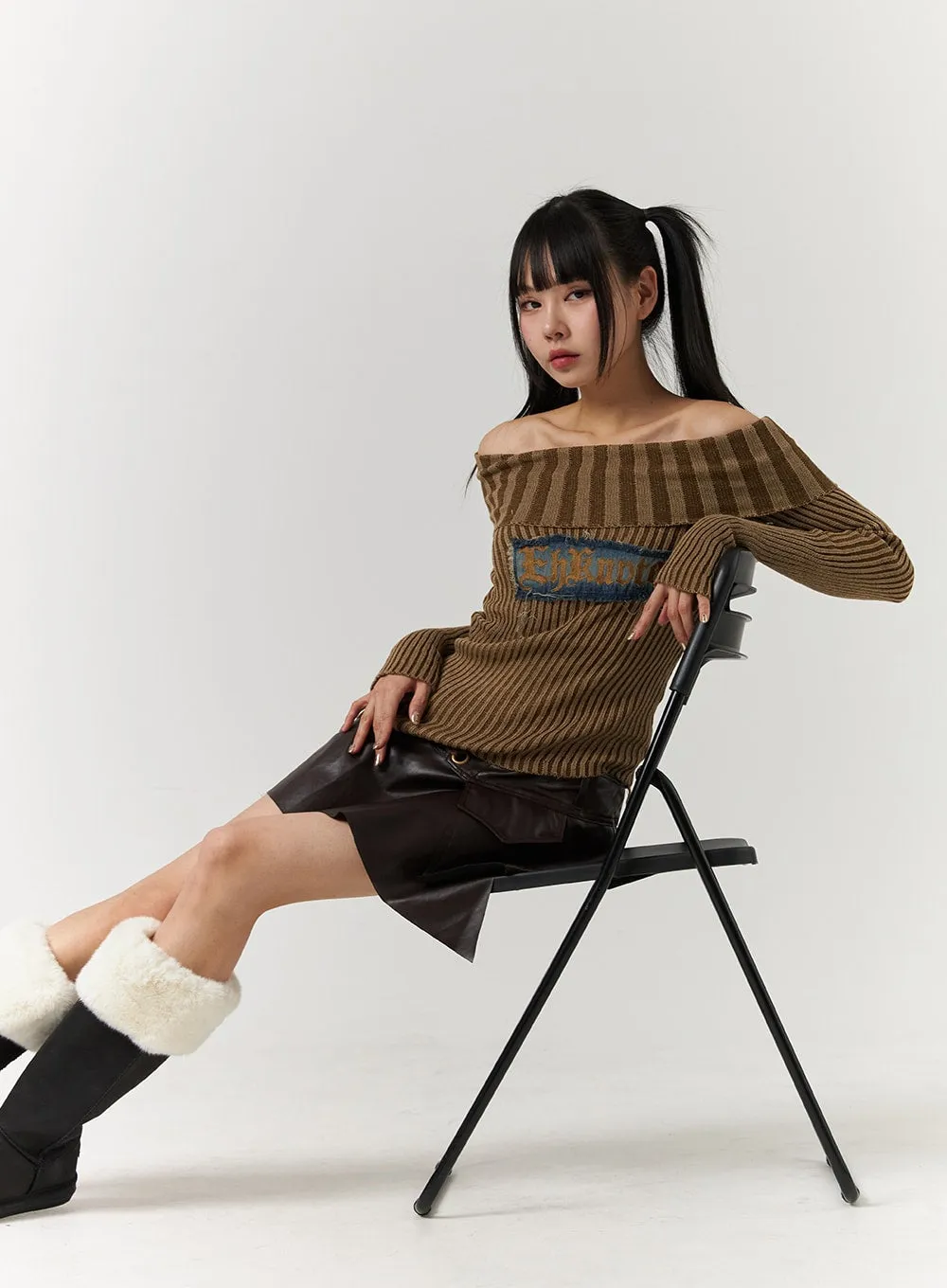 Denim Lettering Off-Shoulder Knit CJ405 sold by Lewkin