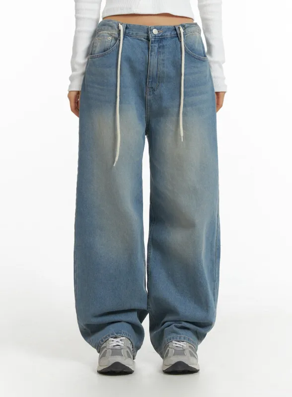 【in a row】Button Washing Wide Denim Vintage Washing Wide Leg Denim Pants CN14 - Korean Women's