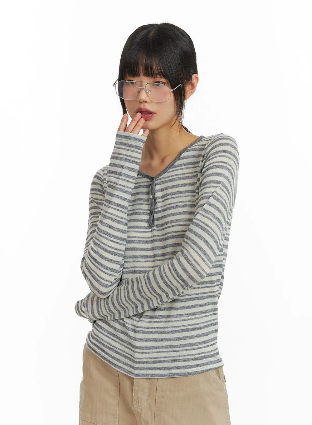 Stripe Buttoned V-Neck Long Sleeve CM413 sold by Lewkin product image thumbnail 3