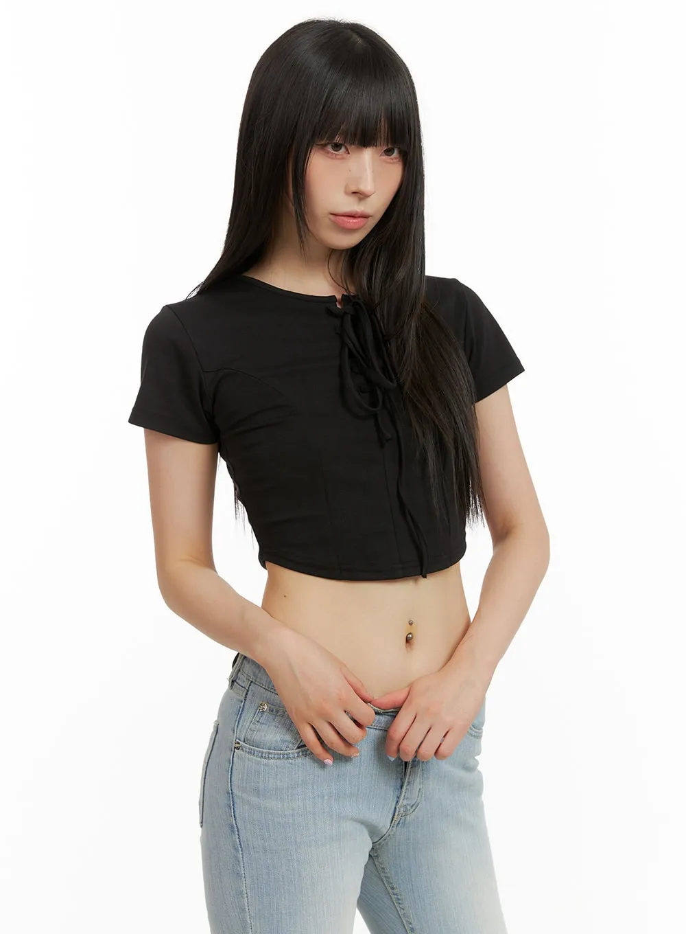 Round Neck Solid Crop Tee CU424 sold by Lewkin