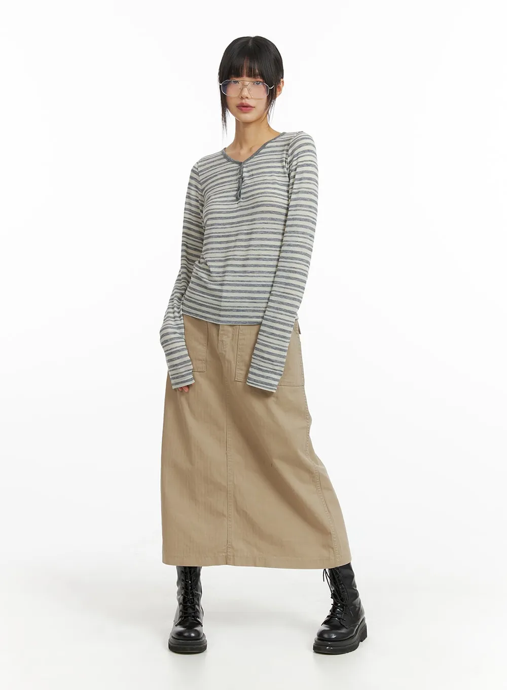 Stripe Buttoned V-Neck Long Sleeve CM413 sold by Lewkin product image thumbnail 2