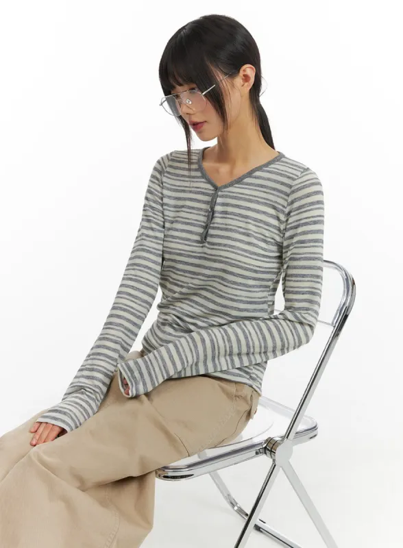 Stripe Buttoned V-Neck Long Sleeve CM413 sold by Lewkin