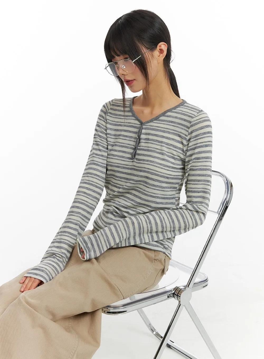 Stripe Buttoned V-Neck Long Sleeve CM413 sold by Lewkin