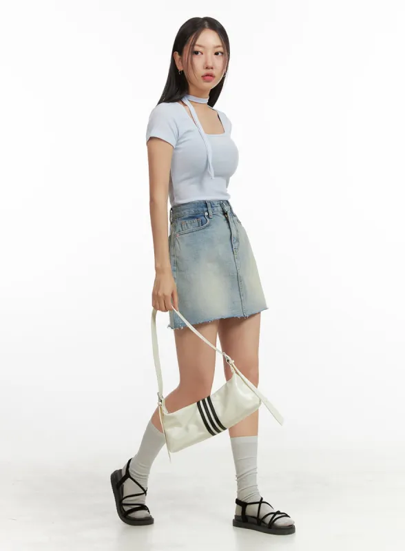 Washed Mini Denim Skirt OU407 sold by Lewkin