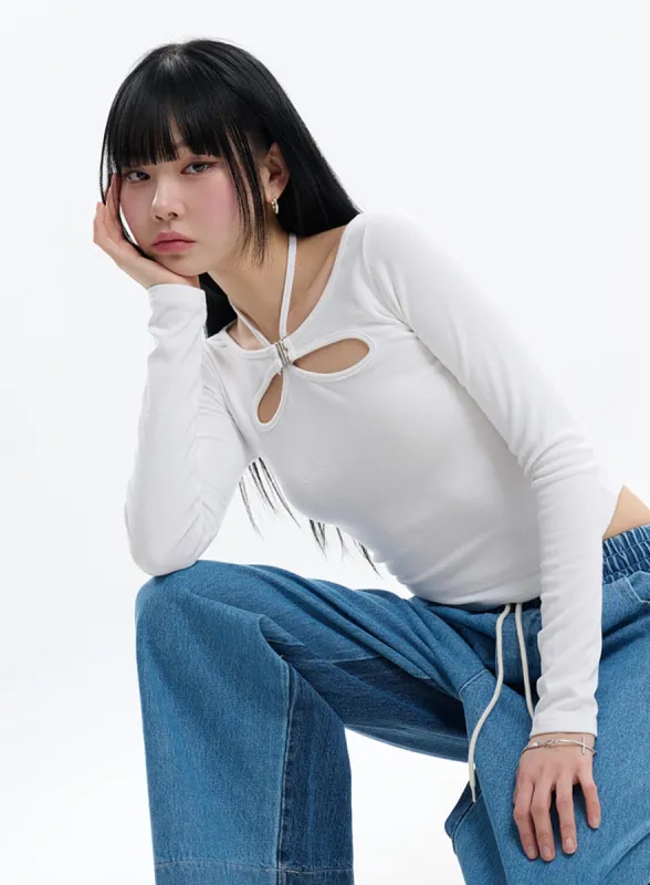 Halter Cut Out Crop Long Sleeve IF413 sold by Lewkin